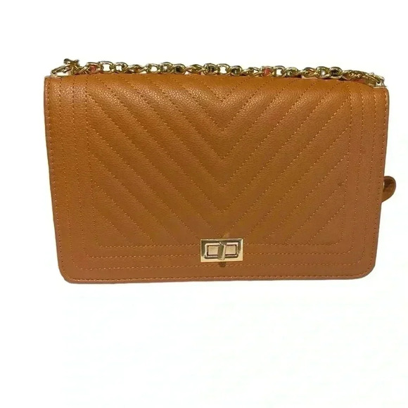 Handbags - Cognac vegan leather V stitching bag gold tone chain strap. New without tags